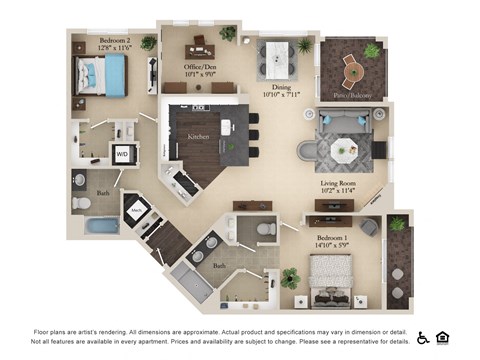 Floor plan for 2 beds, 2 baths, 1601 sqft
